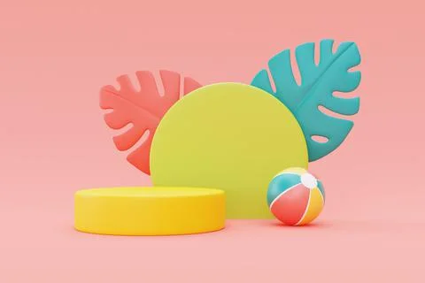 Summer display with colorful inflatable ring,beach ball and palm leaves,3d re Stock Illustration
