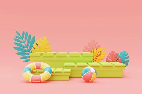 Summer display with colorful inflatable ring,beach ball and palm leaves,3d re Stock Illustration