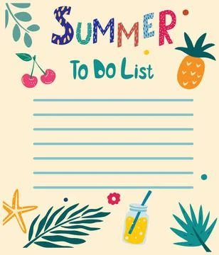 Summer to do list. Summer hand drawn blanks with tropical leaves, cherry, pin イラスト素材