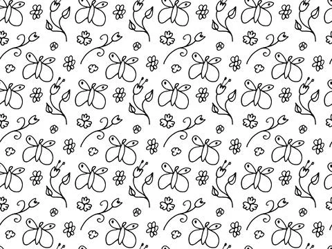 Summer Doodle background. Seamless pattern with flowers, butterflies in line Stock Illustration