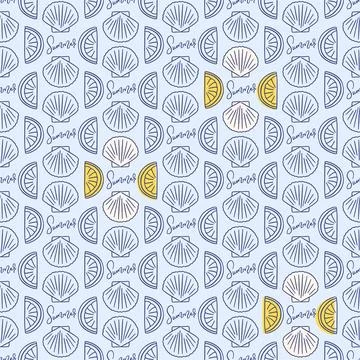 Summer doodle hand drawn seamless pattern. Mediterranean life in blue and yellow Stock Illustration