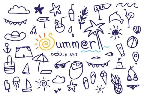 Summer doodle hand drawn set of summer elements イラスト素材