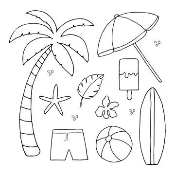 Summer doodle hand drawn set, vector set. Beach party, sea, travel, vacation Stock Illustration