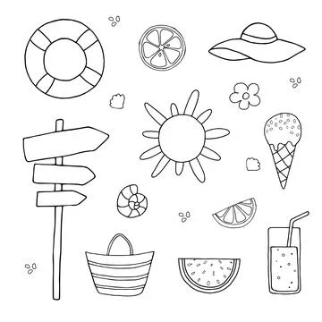 Summer doodle hand drawn set, vector set. Beach party, sea, travel, vacation Stock Illustration