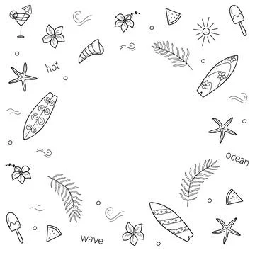 Summer doodle icons. Vector illustration of a surfboard, palm flowers, shells Illustrazione stock