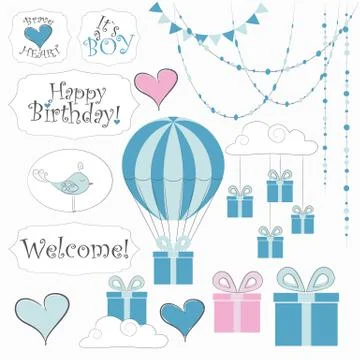 Summer doodle kid set. Simple design of cute stickers, balloons, clouds, garl Stock Illustration