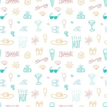 Summer doodle - seamless vector pattern with beach vacation subject. Stock Illustration