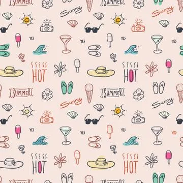 Summer doodle - seamless vector pattern with beach vacation subject. 스톡 일러스트