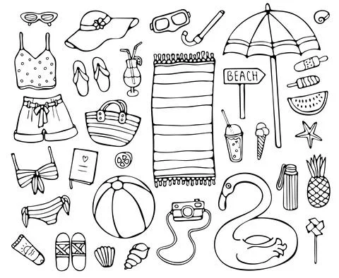 Summer doodle set, black elements on white Illustrazione stock