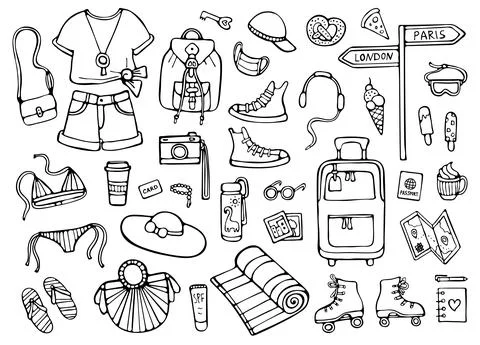 Summer doodle set, black elements isolated on white background Illustrazione stock