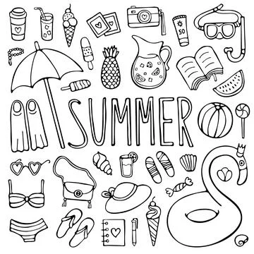 Summer doodle set, black elements isolated on white background Illustrazione stock