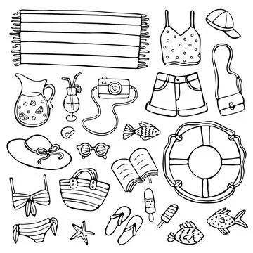 Summer doodle set, black elements on white Illustrazione stock