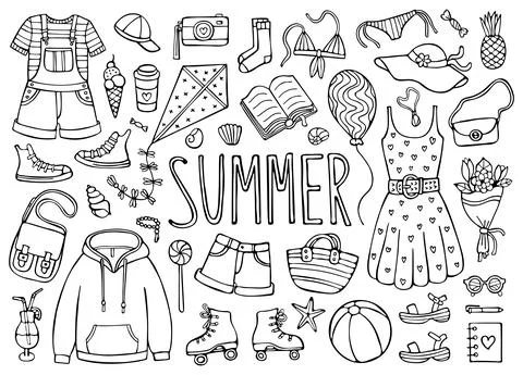 Summer doodle set, black elements on white Illustrazione stock