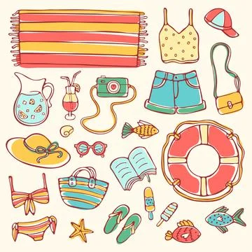 Summer doodle set, elements on light background Stock Illustration