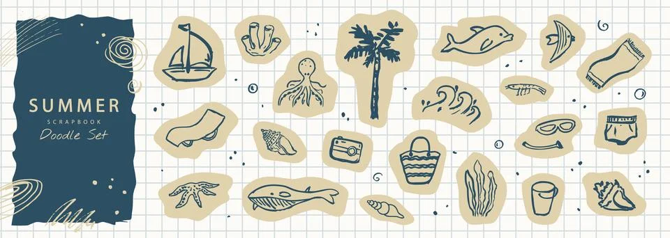 Summer doodle set with hand drawn beach elements and marine objects. Collection Stockillustratie