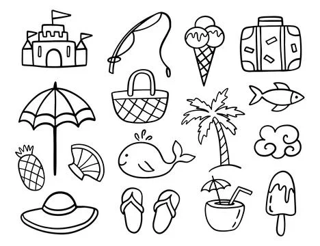 Summer Doodle Sketches Hand Drawn Beach Shapes Set Stock Illustration