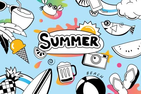 Summer doodle symbol and objects icon design for beach party background. Invi イラスト素材