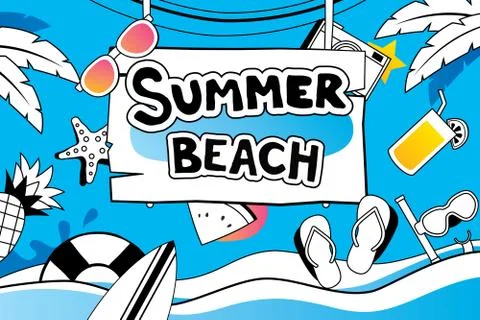 Summer doodle symbol and objects icon design for beach party background. Invi イラスト素材