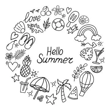 Summer doodles icon set in round. Hello Summer. Stock Illustration