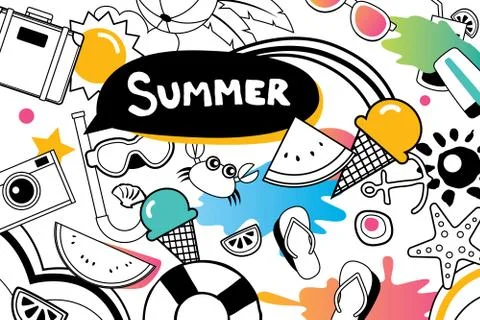 Summer doodles symbol and objects icon elements for beach party background. H Stock Illustration