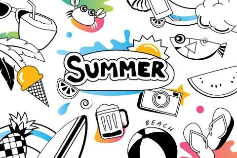 Summer doodles symbol and objects icon elements for beach party background. H Stock Illustration