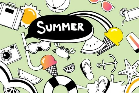 Summer doodles symbol and objects icon elements for beach party background. H Stock Illustration