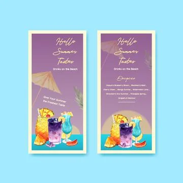 Summer drink flyer template design for holiday vacation and travel watercolor Stock Illustration
