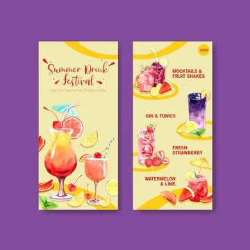 Summer drink flyer template design for holiday vacation and travel watercolor Stock Illustration