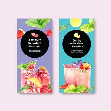 Summer drink flyer template design for holiday vacation and travel watercolor Stock Illustration