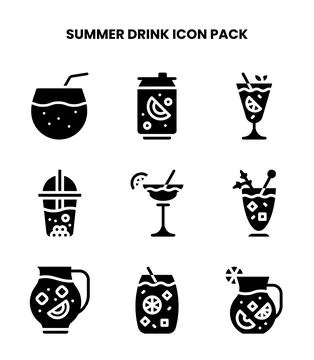 Summer Drink Glyph Vector Icons Pack Stock Illustration