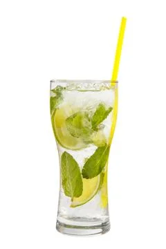 Summer drink with lime and mint isolated white Stock Photos