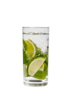 Summer drink with lime and mint isolated white Stock Photos