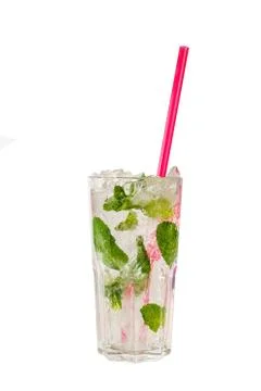 Summer drink with lime and mint isolated white Stock Photos