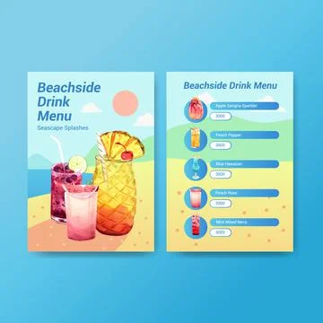 Summer drink menu template design for cocktail watercolor illustration. Stock Illustration