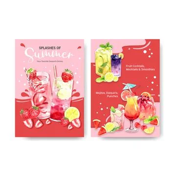 Summer drink menu template design for cocktail watercolor illustration. Stock Illustration