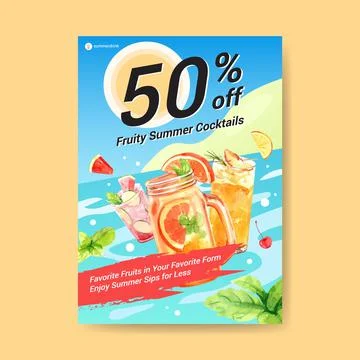 Summer drink poster template design for cocktail watercolor illustration. Stock Illustration