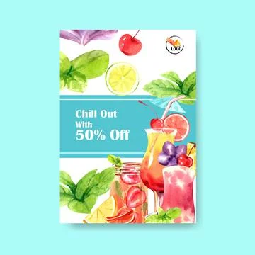 Summer drink poster template design for cocktail watercolor illustration. Stock Illustration