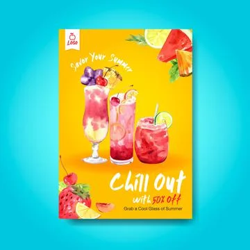 Summer drink poster template design for cocktail watercolor illustration. Stock Illustration