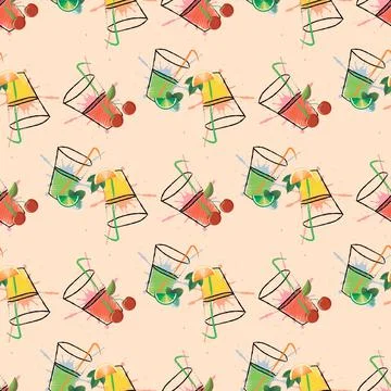 Summer drink print. seamless pattern with glasses of orange, Cherry juice and Illustrazione stock