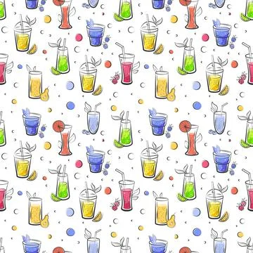 Summer drink seamless pattern. Fruit and berry juice cocktail background, tro Illustrazione stock
