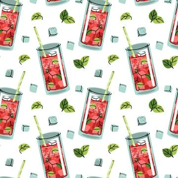 Summer Drink Seamless Pattern. Watermelon Cocktail with Ice and Mint in fla.. イラスト素材