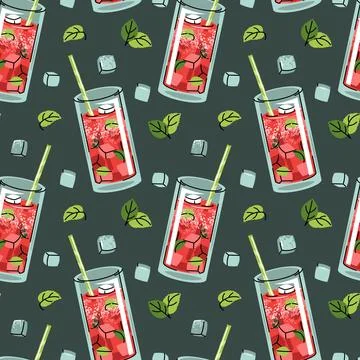 Summer Drink Seamless Pattern. Watermelon Cocktail with Ice and Mint in fla.. イラスト素材