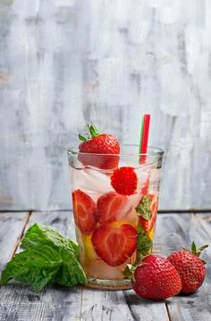 Summer drink strawberry mojito with mint. Selective focus Stock Photos