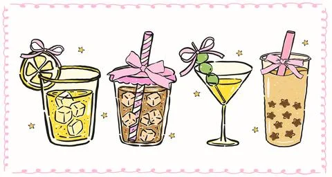 Summer drinks hand drawn set with iced coffee, lemonade, boba tea, martini,.. Stock Illustration