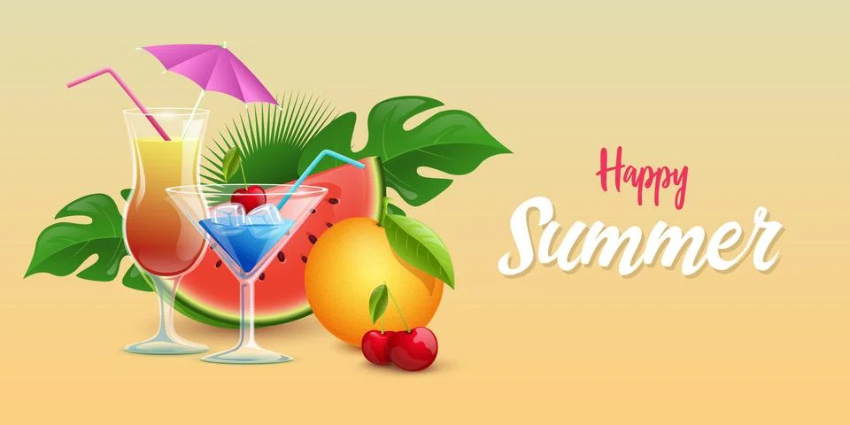 Summer drinks vector banner template. Tropical cocktails decorated with ice Stock Illustration