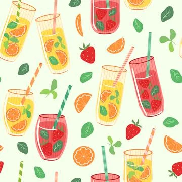 Summer drinks vector seamless pattern. Glasses of strawberry and citrus juice Stock Illustration