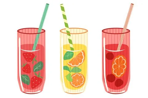 Summer drinks vector set. Tall glasses of strawberry, orange citrus juice Stock Illustration