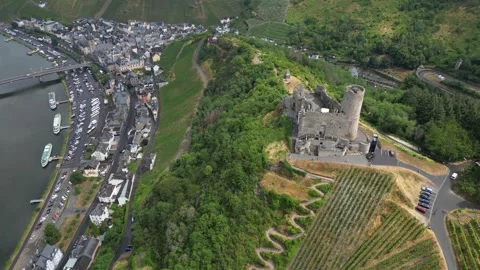 Summer drone flight above Bernkastel-Kues old town and riverfront Stock Footage 335412127
