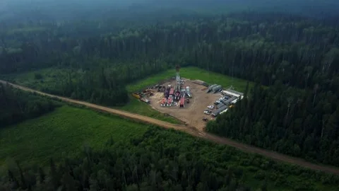 Summer Drone View of Drilling Rig in Boreal Forest Stock Footage 342003625