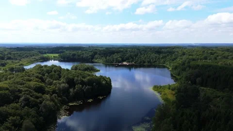 Summer Drone View of Swedish Forest and Lake Stock Footage 341555532